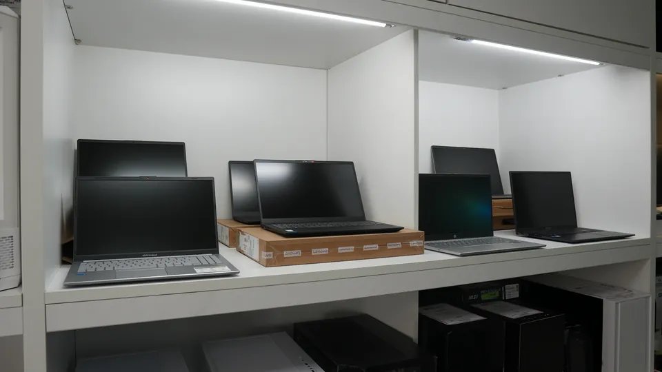 Notebooks im Ausstellungsregal, aufgeklappt und startbereit
